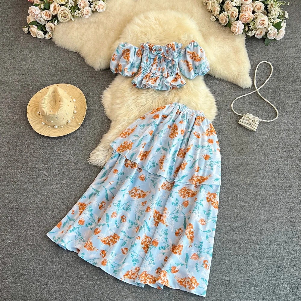 

Женский летний костюм-двойка с юбкой макси, элегантный повседневный Топ трапециевидной формы, Сая, праздничная одежда в стиле бохо