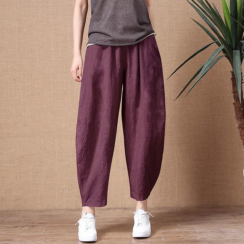 

Linen Women Pants Vintage Pocket Loose Wide Leg Pants Ankle Length Solid Casual Trousers Female High Waist Elastic Pantalones