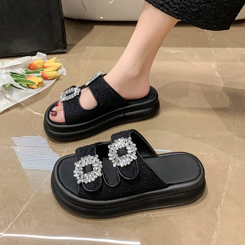 

Женские сандалии на платформе, повседневные шлепанцы с кристаллами, плоская подошва, лето 2023