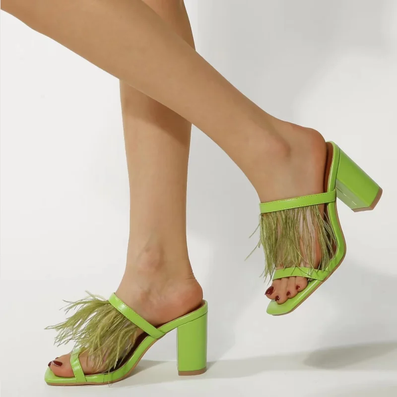 

New Ladies Sexy Open Toe Slippers Fashion Feather Elegant Thick High Heels Summer Sandals Party Sexy High Heel Large Size 35~42
