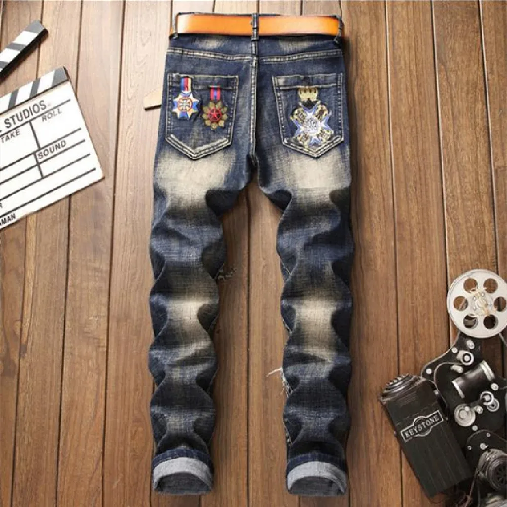 New Men's Jeans Blue Embroidery Hole Patch Jeans Fashion Trend Emblem Embroidery Trend Jeans