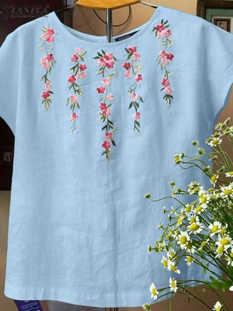 Женская летняя блузка с цветочной вышивкой ZANZEA рубашка коротким рукавом
