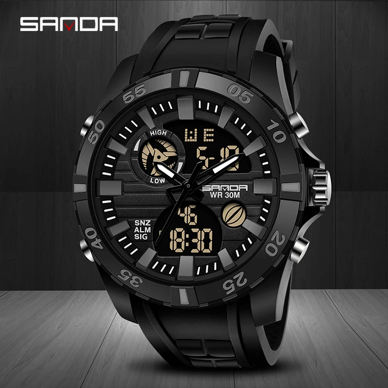 

SANDA 2023 New Fashion Sports Mens Dual Display Watch Waterproof Silicone Strap Multifunctional Chronograph Luminous Watches 791