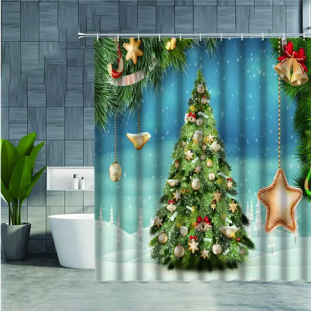 Christmas Shower Curtain Bathroom Pine Leaf Gift Ribbon Tree Candy Stick Star Bell Decoration Accessories Fabric with Hooks