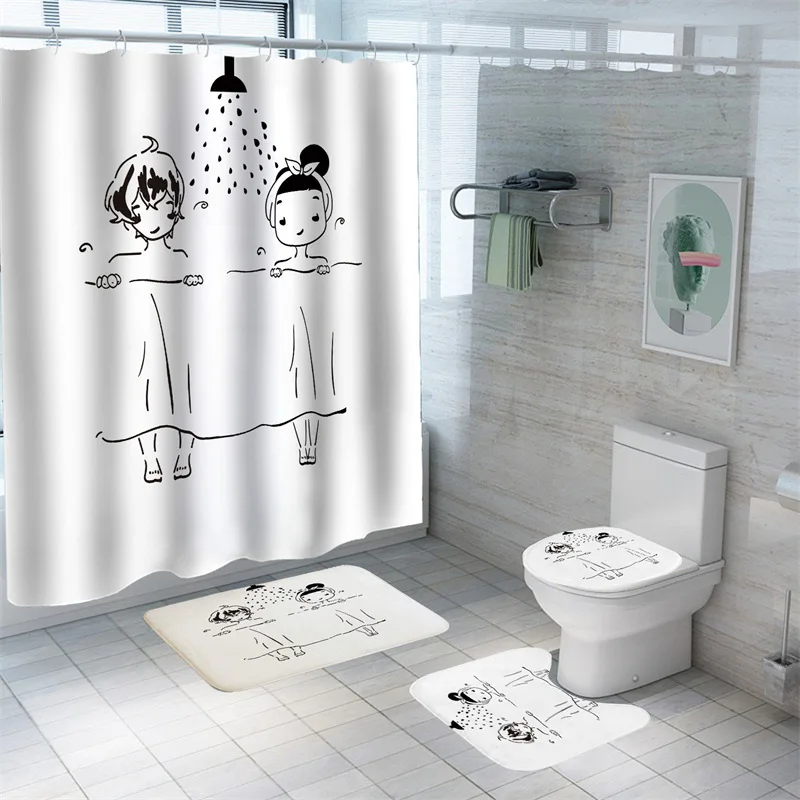 

Занавеска для ванной с мультяшным рисунком для девочек, набор ковриков для ванной с простым принтом для мальчиков, водонепроницаемые шторы ...