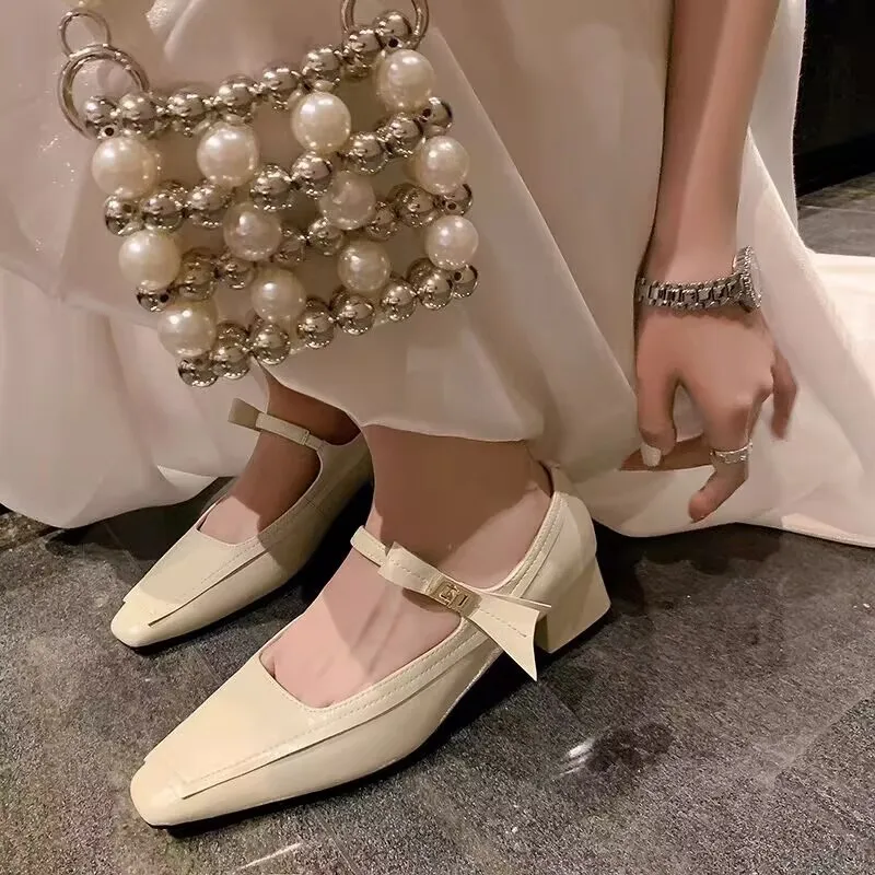 

Fashion Mary Jane Chunky Women Shoes Summer New Shallow Pointed Toe Luxury Retro Shoes Comfort Work Mid Heels Lady Shoes