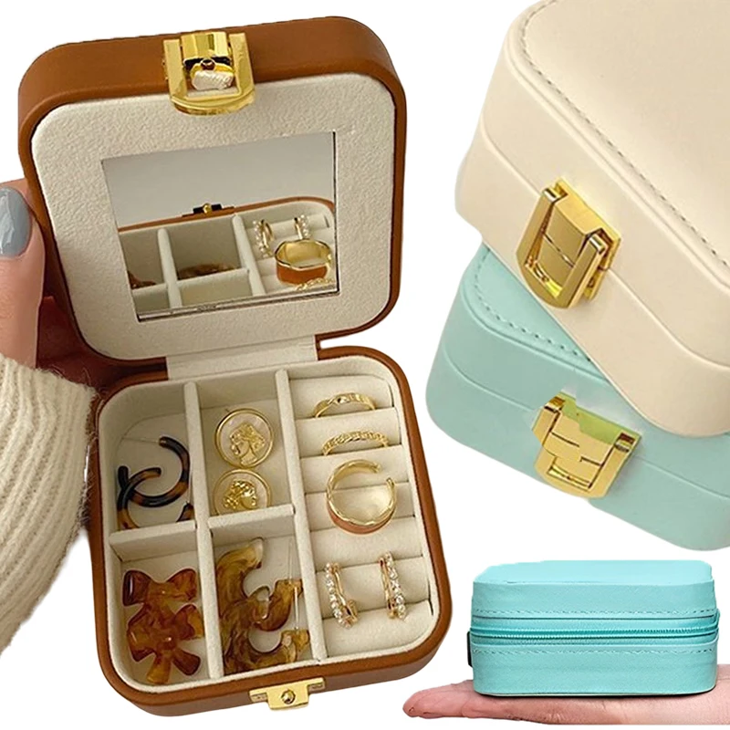 

Jewelry Organizer PU Leather Storage Box Jewelry Display With Mirror DIY Necklace Earring Ring Bracelets Organizer Jewelry Box