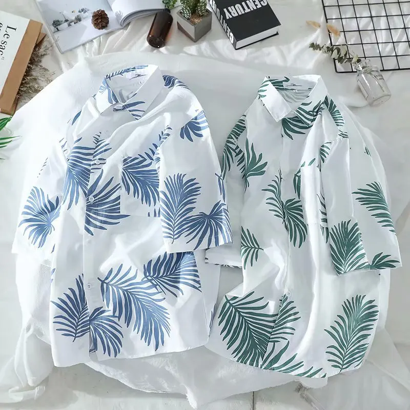 

Hawaiian Short Sleeved Floral Shirt Summer Trend Handsome Beach Shirt Men's Hong Kong Style Sun Protection Upper Garment 2023