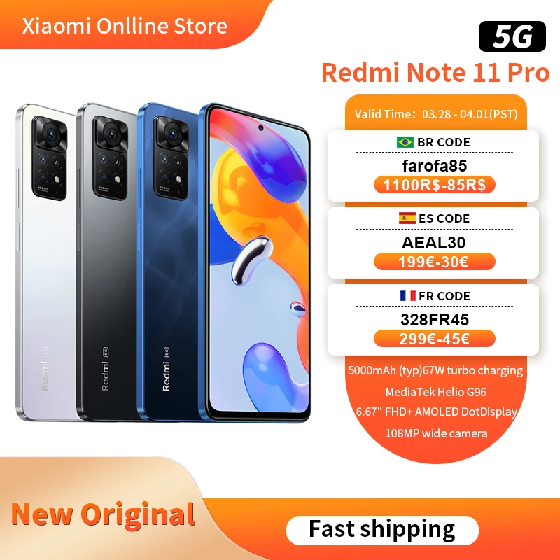 

Global Version Xiaomi Redmi Note 11 Pro 5G 64/128GB Smartphone Octa Core Snapdragon 695 108MP Camera 67W Turbo Charging 5000mAh