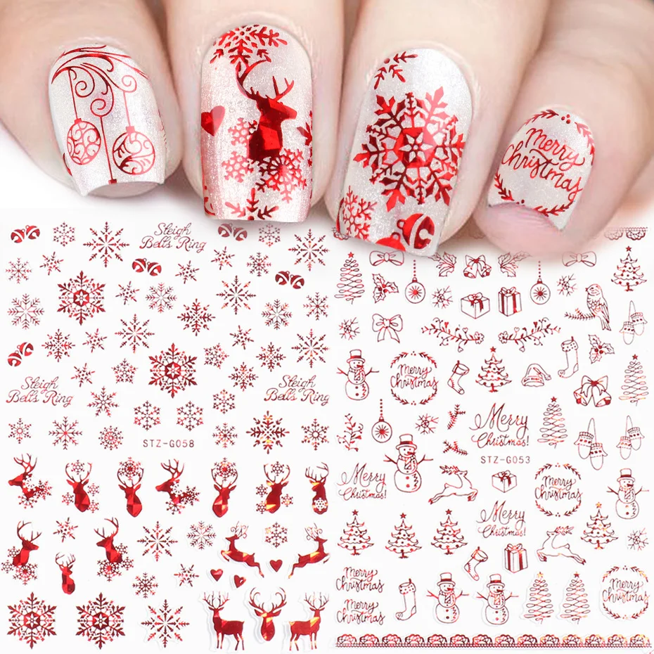 

Holographic Red Christmas Nail Sticker Shine Glitter Snowflake Elk Santa Claus Transfer Slider Winter 3D Decal SASTZG050-058