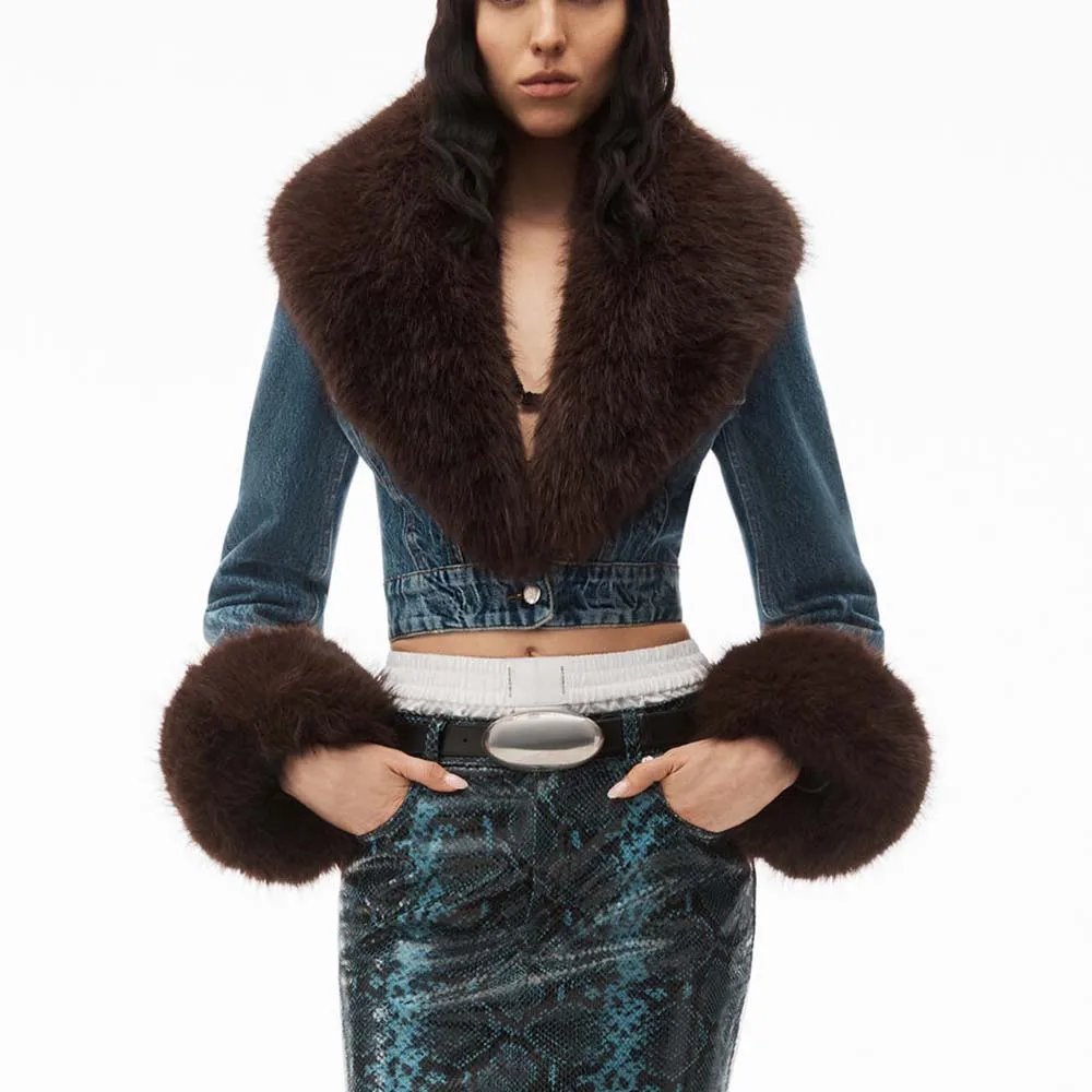 

Женская джинсовая куртка, однобортная хлопковая куртка с длинным рукавом и воротником из лисьего меха, Y2k, Осень-зима 2023