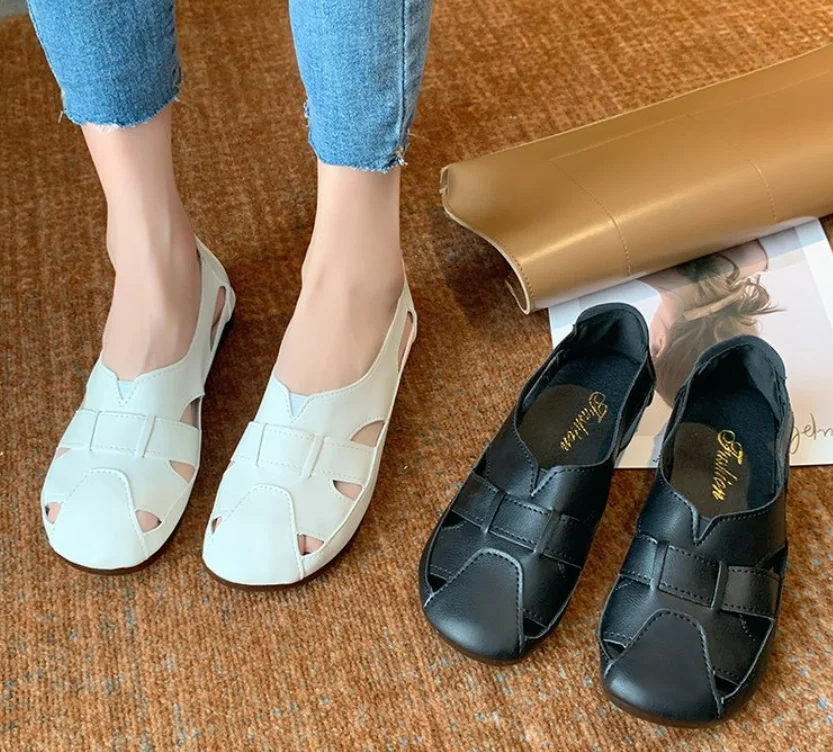 

Women's Slip On Sandals Ladies Leather Shoes Woman Retro Cover Heel Footwear Female Summer Hollow Flat Shoe