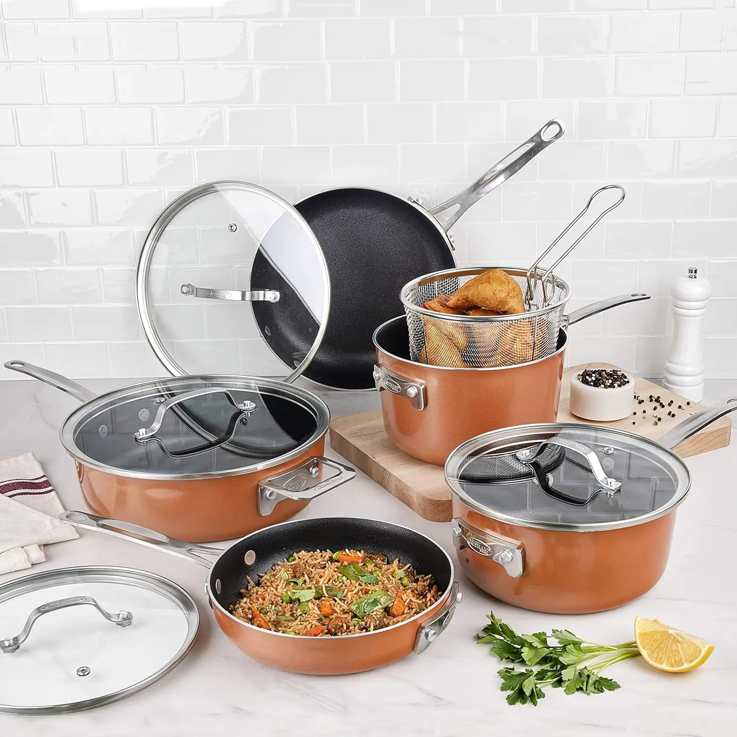 

Pots & Pans Set \u2013 Stackable 10 Piece Cookware Set Saves 30% Space, Ultra Nonstick Cast Texture Coating, Includes Fry Pa Tak