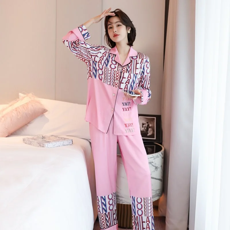 

2022 spring and autumn new style pajamas women's ice silk cardigan letter printing loose long sleeved trousers two-piece home