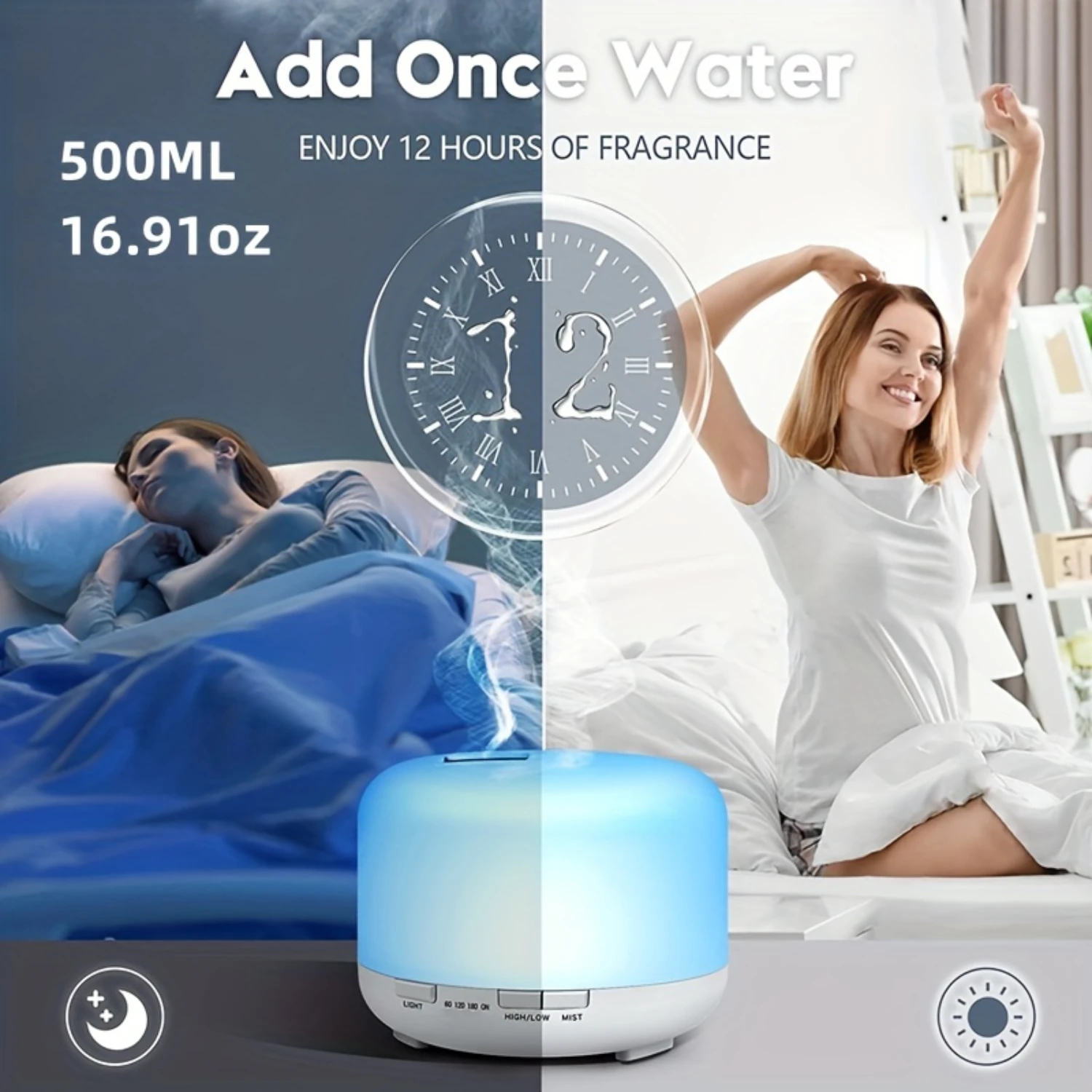 Ultimate Relaxation 500ml Essential Oil Diffuser & Humidifier with 7 LED Lights Nightlight Timer Control and Auto-Off - Tr
