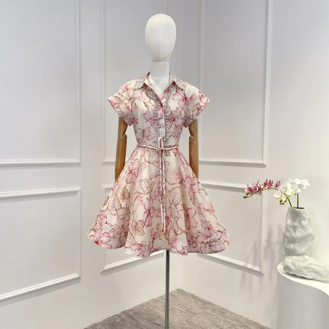 

2023 New Collection High Quality Silk Summer Floral Print Elegant Vintage Belt Woman Mini Princess Dress
