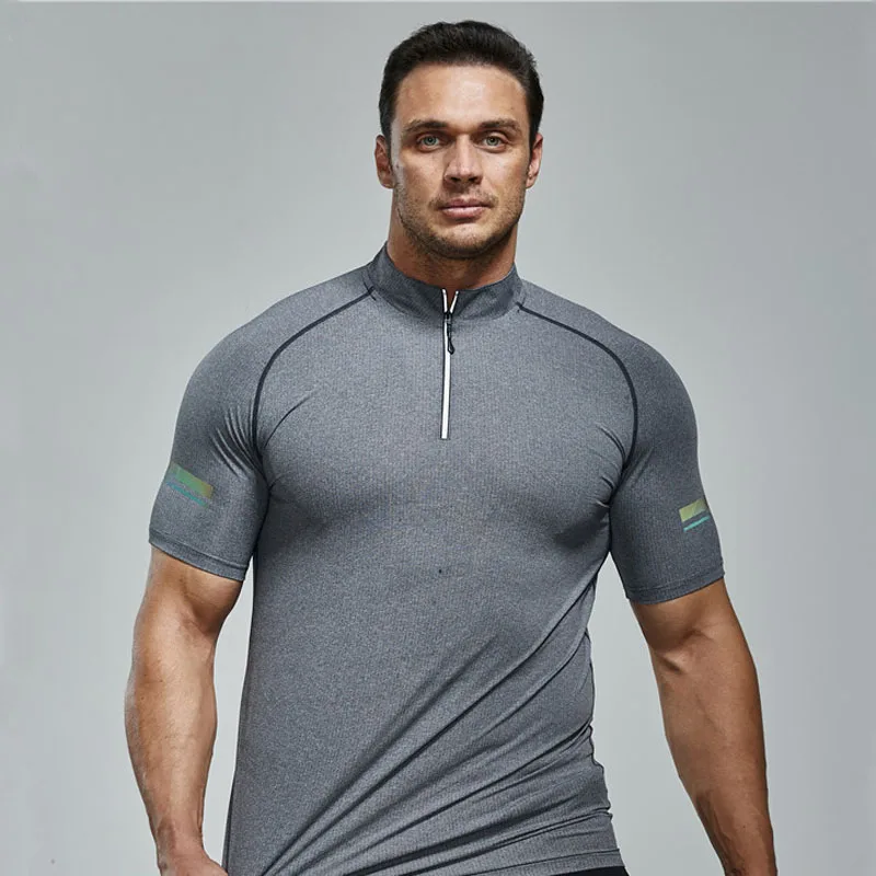 

New Short Sleeve Sport T Shirt Men Running Fitness Stand Collar T-Shirt Men's Breathable Sportswear Half Zipper tshirts MY801