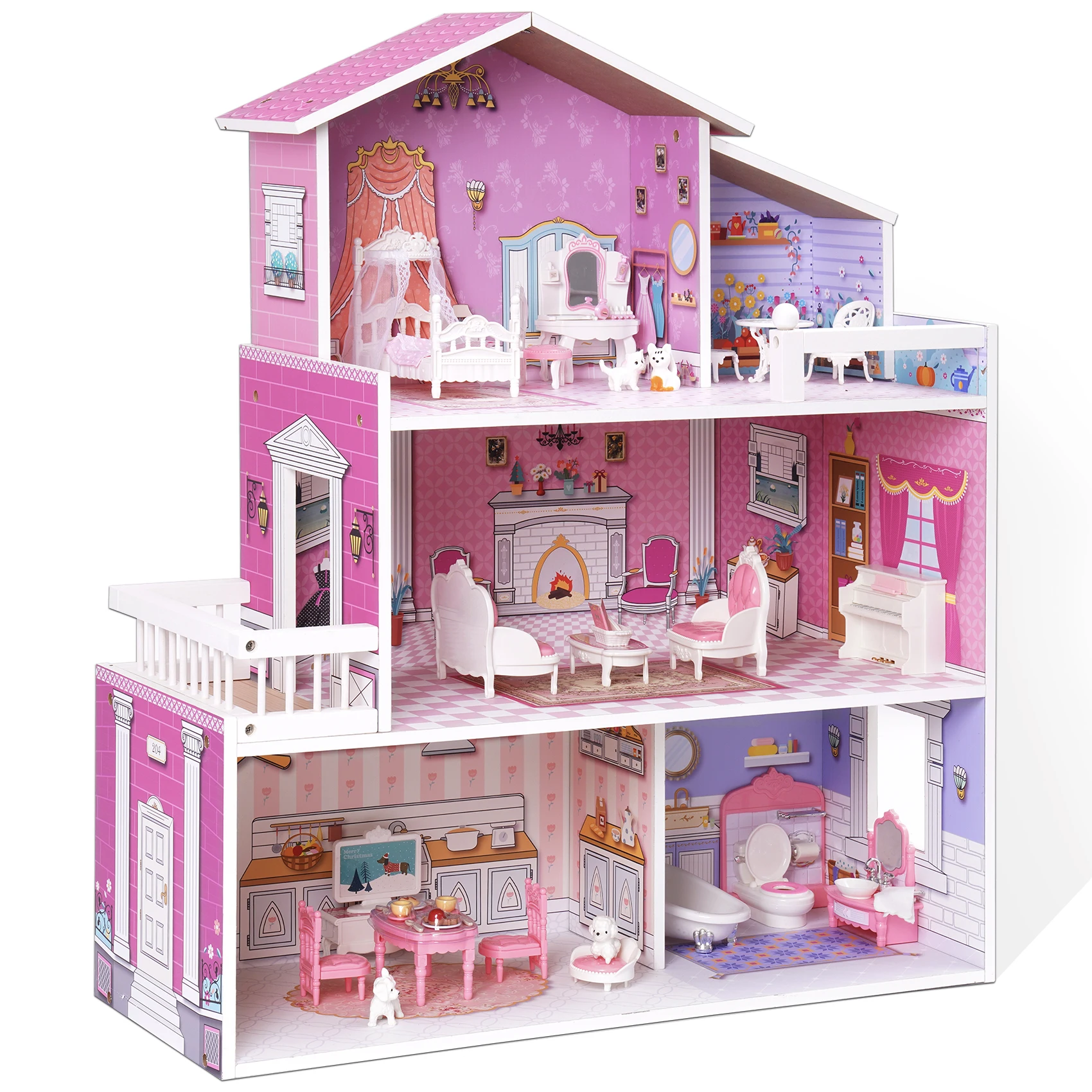 

Wooden Dollhouse for Kids with 24pcs Furniture Preschool Dollhouse House Toy