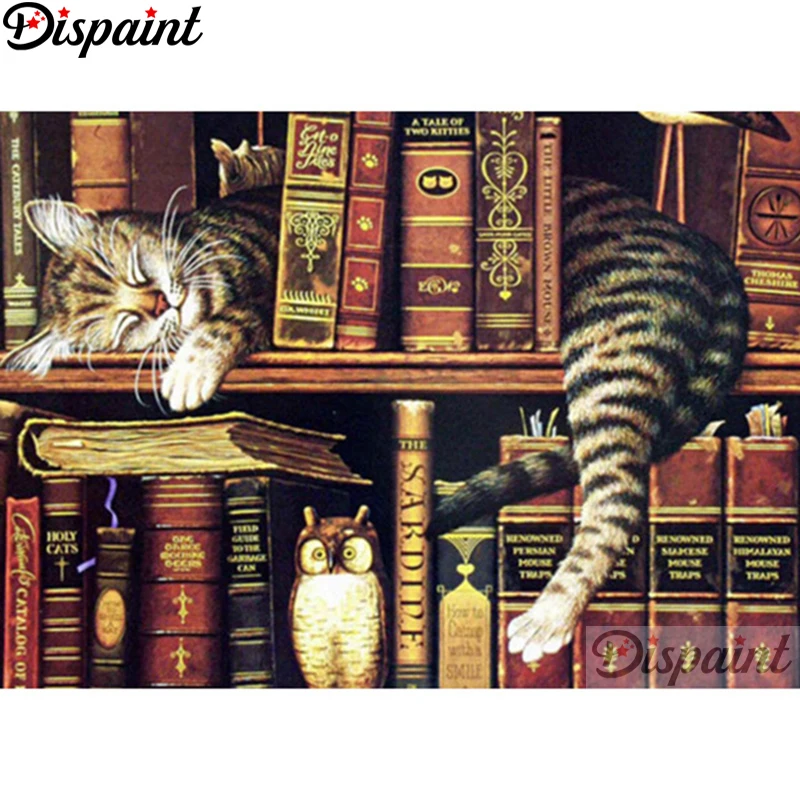 wała sztuka 5D Diy diamentowe malowanie „zwierzę kot półka na książki” zdjęcia ścieg krzyżykowy 3D haft ze strasem Decor A27016