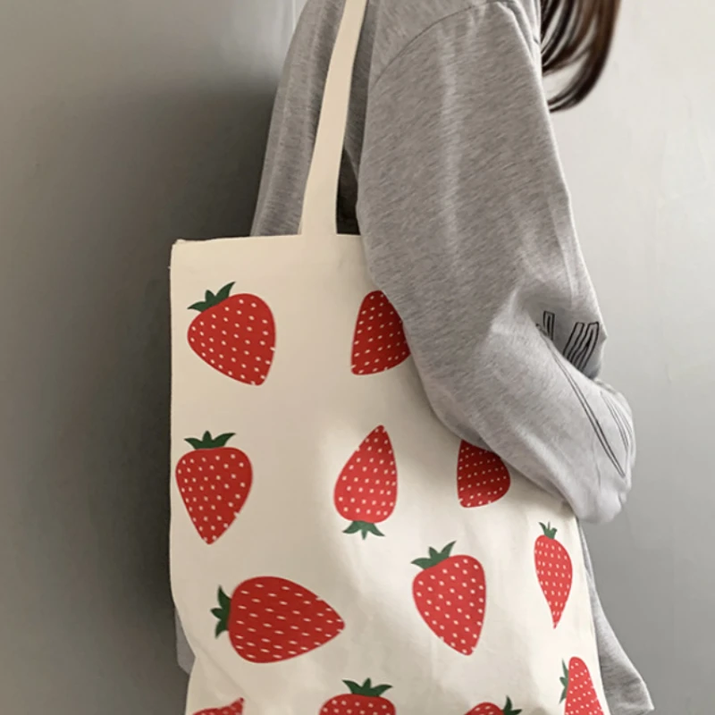 

Fresh Strawberry Printed Canvas Shoulder Bag for College Students with Large Capacity - Korean Style