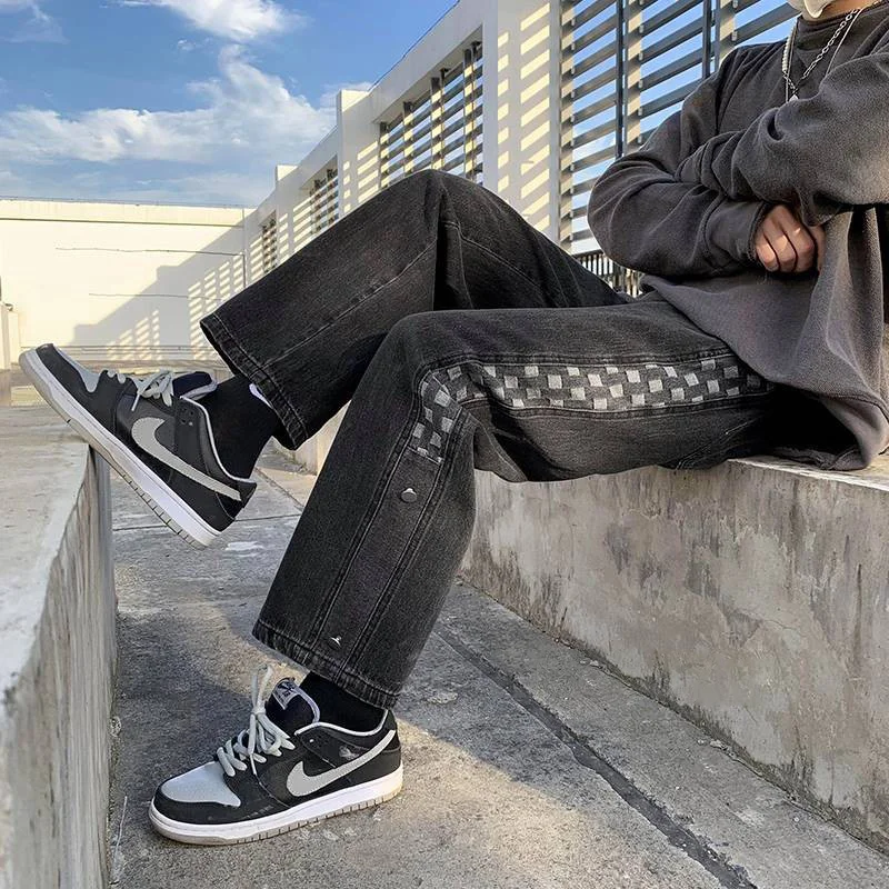 DEEPTOWN Straight Patchwork Jeans Men Vintage Hip Hop Denim Pants Trousers Male Streetwear Fashion Loose Casual Japanese Spring