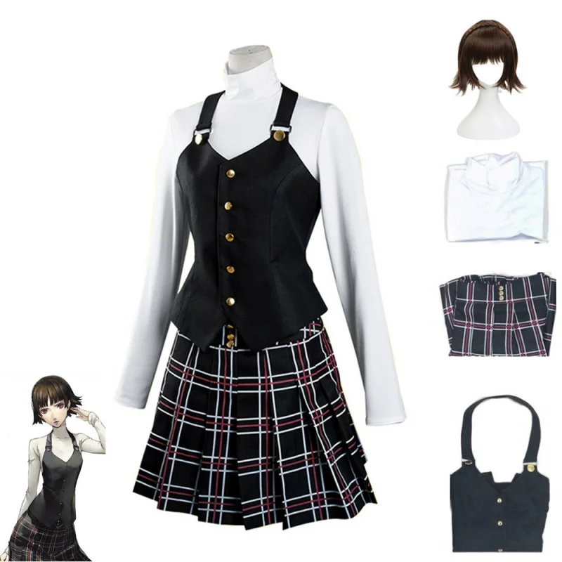 

Anime Persona Makoto Niijima Cosplay Costume Long Sleeve Knitted Top Printed Skirt Stockings Vest Wig Japanese Schooluniform