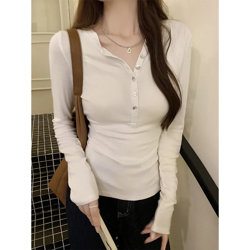 Новые модные однобортные облегающие футболки с длинным рукавом Женская