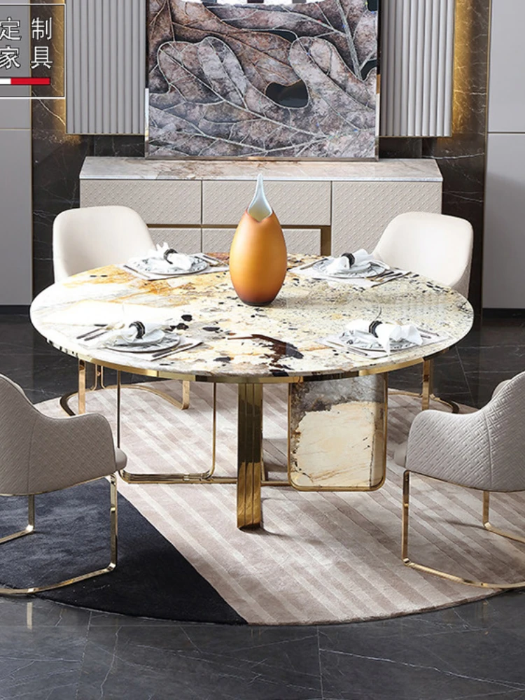 

Led Italian Luxury Round Dining Table Stainless Steel Rock Plate Modern Simple Dining Table Chair Combination