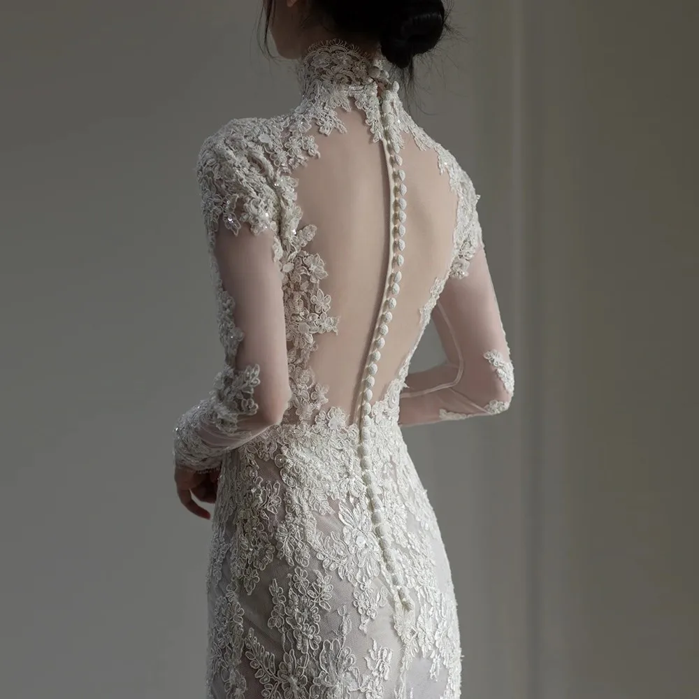 Тюль Иллюзия Высокий воротник Свадебные платья эротический русалка кружевной