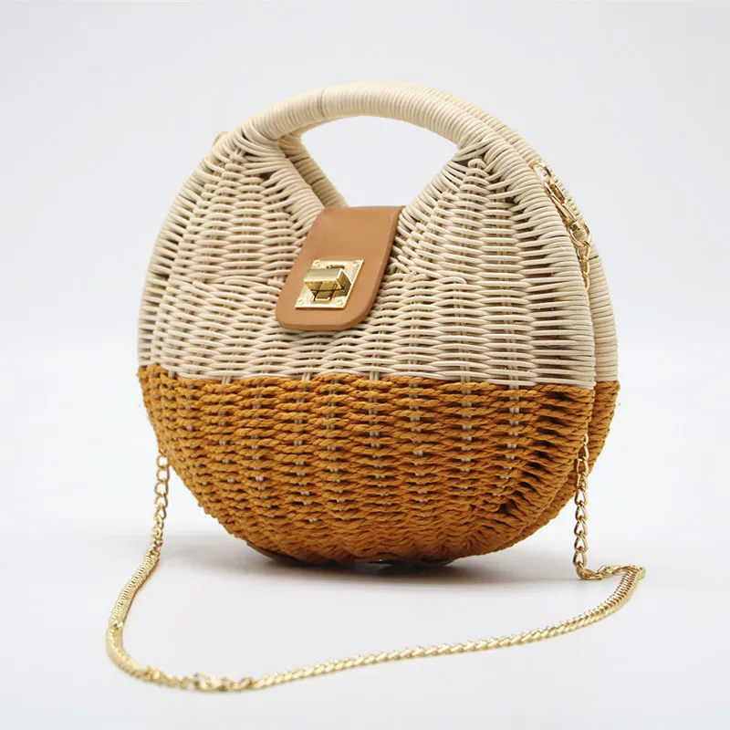 Bohemian Straw Bags for Women Brands Panelled Rattan Bag Women Handbags Summer Shell Beach Bag Chains Crossbody Bags Boho Tote