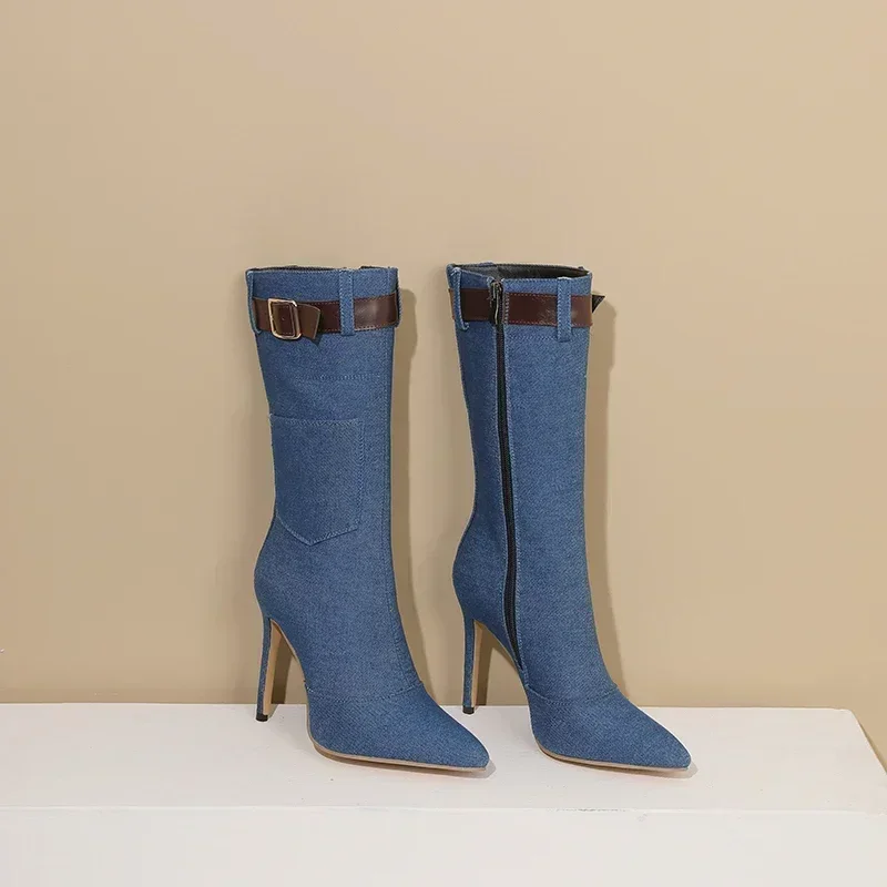 Зимние женские сапоги до середины икры черные синие джинсовые туфли на высоком