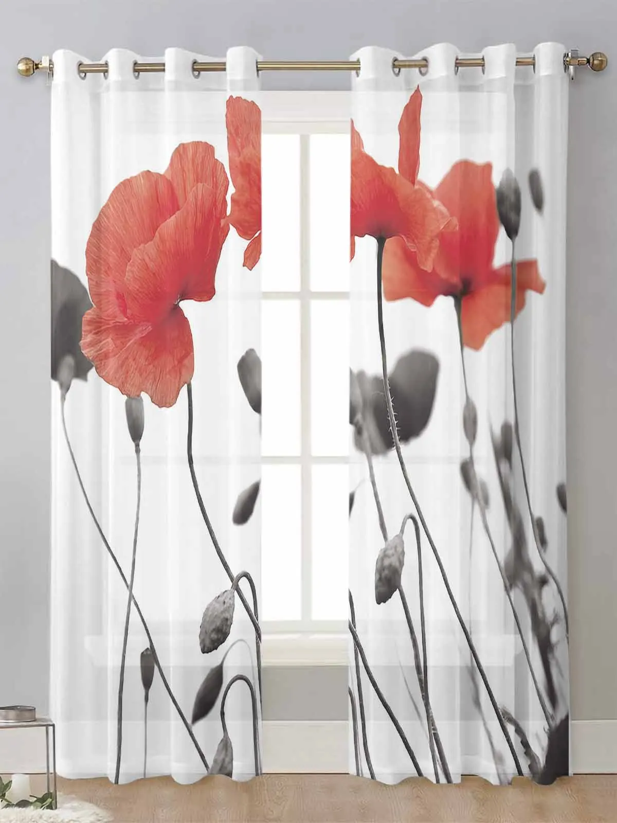 

Red Poppy Flower Sheer Curtains For Living Room Window Screening Transparent Voile Tulle Curtain Cortinas Drapes Home Decor