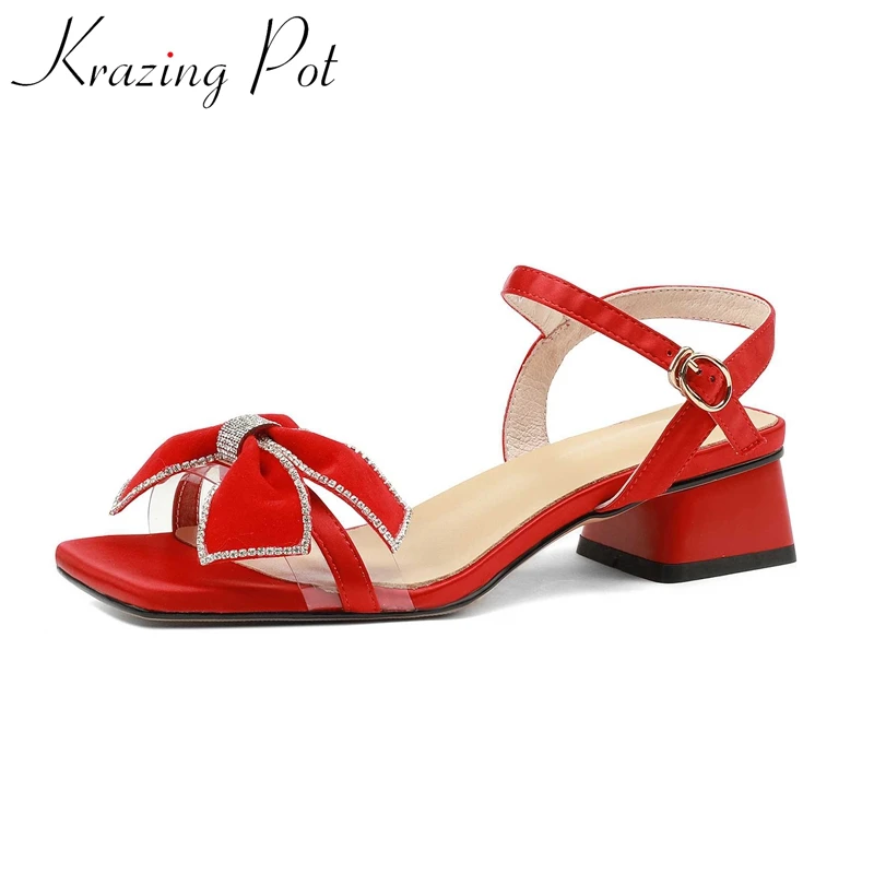 

Krazing Pot Silk Peep Toe Med Heel Butterfly-knot Rhinestone Fairy Style Korean Street Beauty Lady Dating Cozy Women Sandals L84