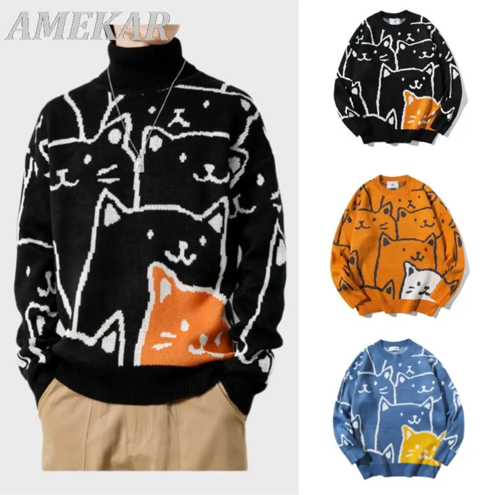 

2022 Japanese Harajuku Vintage Sweater Men Autumn Winter New Cartoon Loose Knitted Sweater Hip Hop Streetwear Knitwear Pullovers