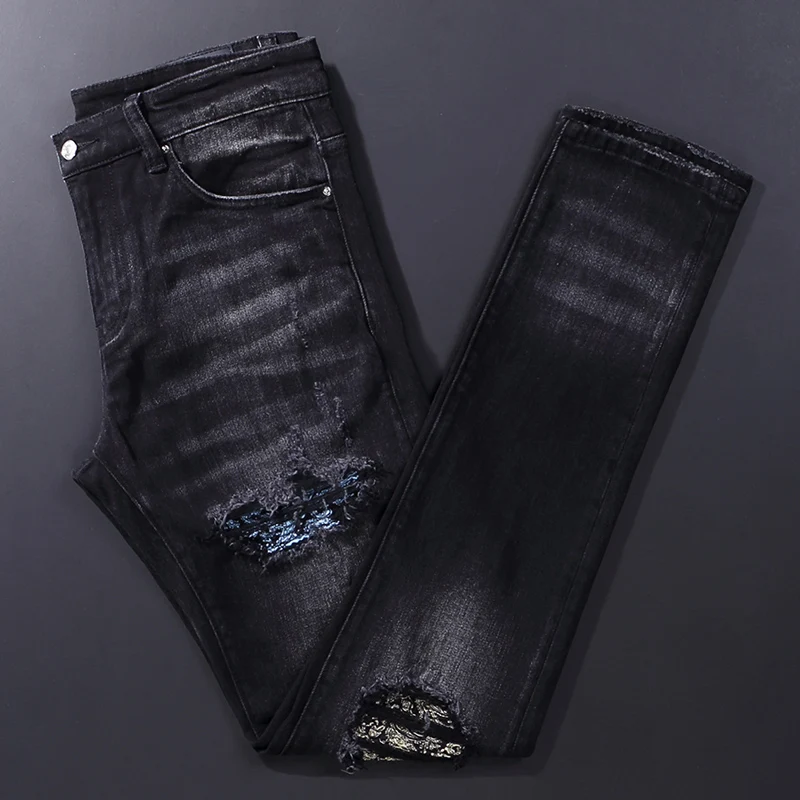 High Street Fashion Men Jeans Retro Black Gray Elastic Slim Fit Ripped Jeans Men Patched Designer Hip Hop Brand Pants Hombre
