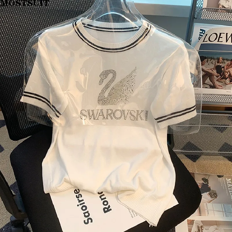 

Summer Hot Fix Rhinestone Swan Knit Pullover T-shirt Women Fashion Korean Elegant Sweater Tees Short Sleeve Round Neck Knitwear