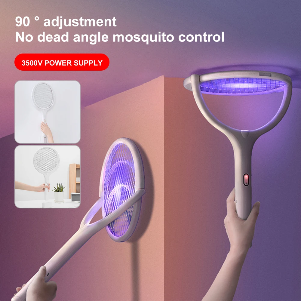 Bug Zapper Racket Rechargeable 2 In 1 Electric Fly Swatter with Mosquito Trap Lamp 3500V Handheld or Hands-free Rotating Head