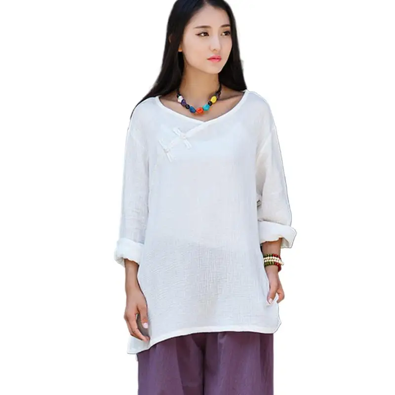 

Womens Solid Tops Autunm cotton Linen Shirt Female Long Sleeve vintage Blouse Chinese style Woman Clothes Roupas Femininas