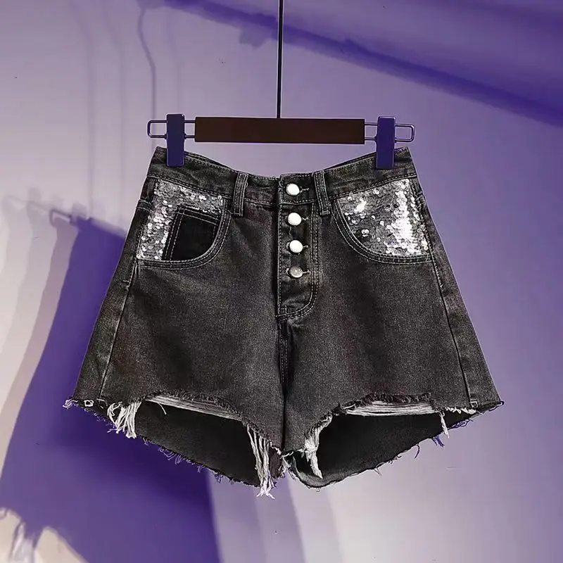 New Casual High Waist Denim Shorts Women Summer Pocket Tassel Hole Ripped Jeans Female Femme Short Pants N53