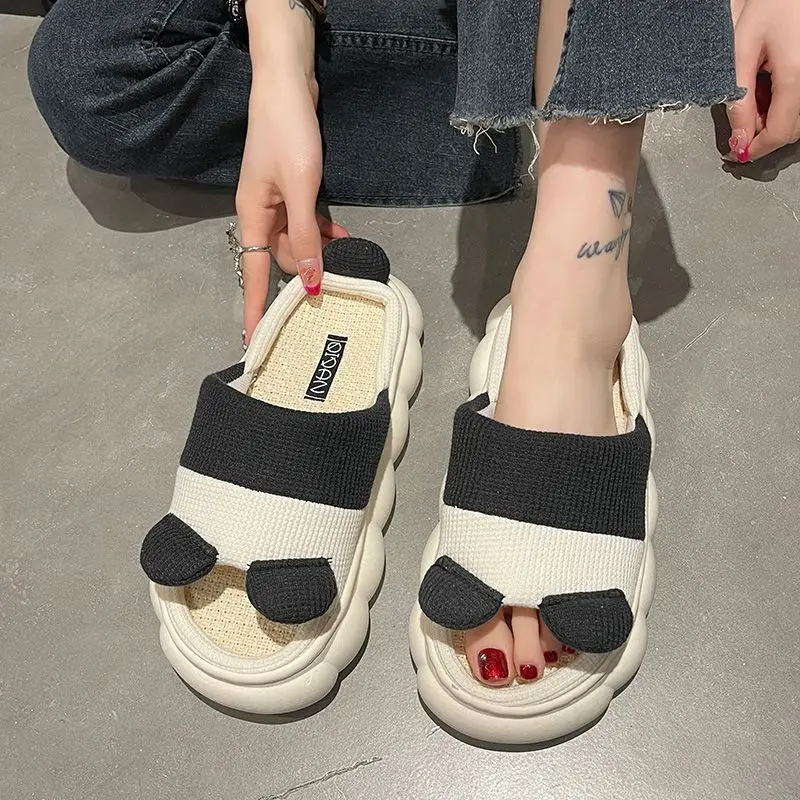 anti odor kawaii panda slippers woman summer animal house shoes women's slide on clogs black white home slipper breathable mules