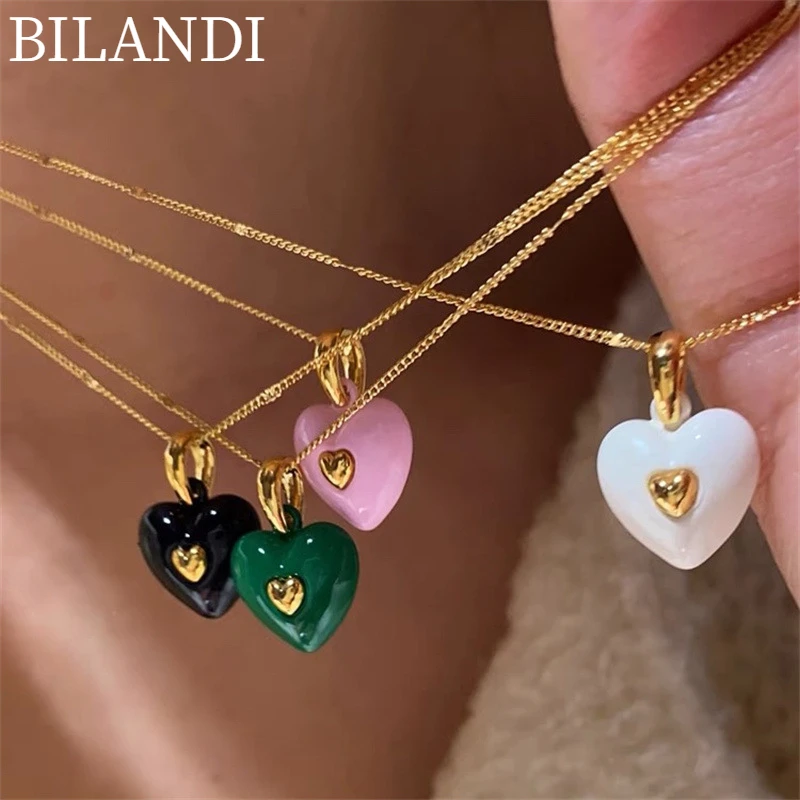 

Bilandi Women Jewelry Colorful Heart Pendant Necklace Sweet Korean Design Pink Green Black White Drop Chain Necklace