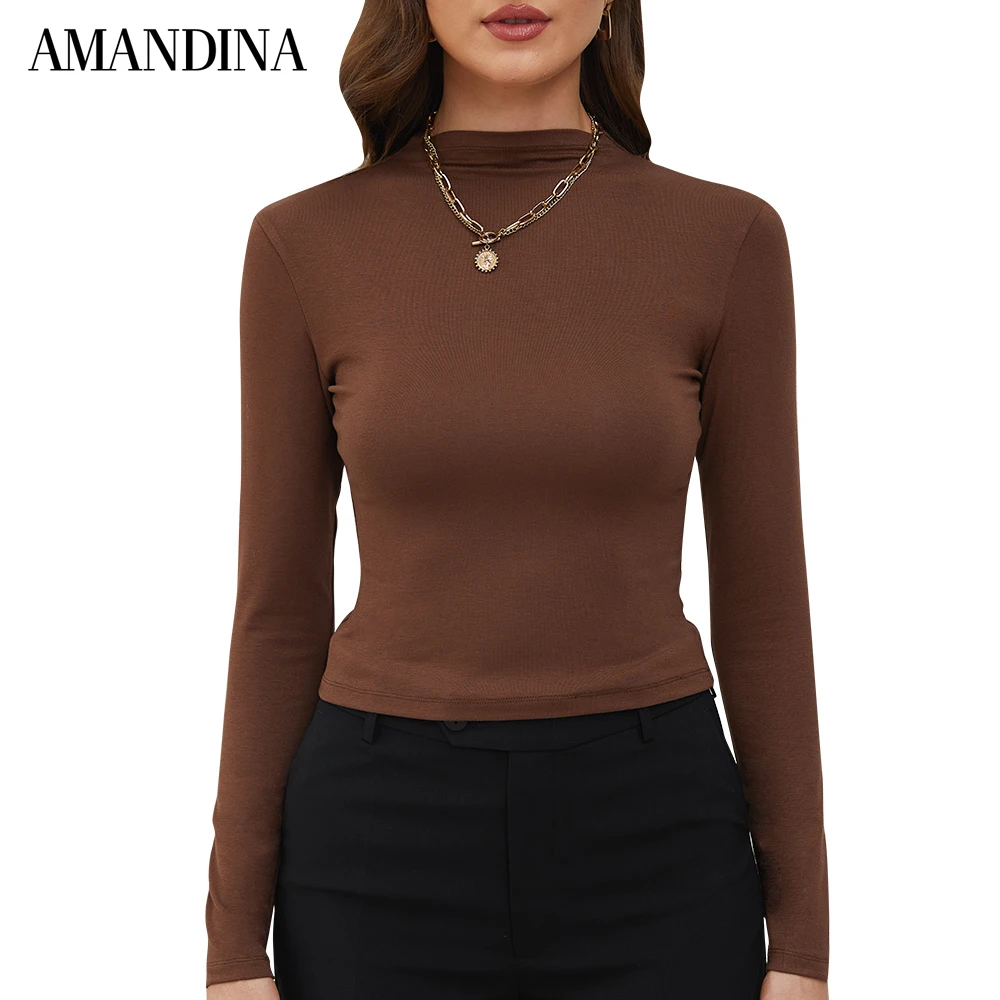 

Amandina Long Sleeve Modal Pullover Shirt Mailard Brown Black Basic Crop Top
