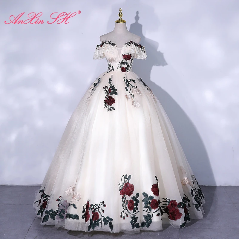 

AnXin SH princess champagne lace rose flower boat neck vintage bride ruffles sleeve white ball gown party stage evening dress