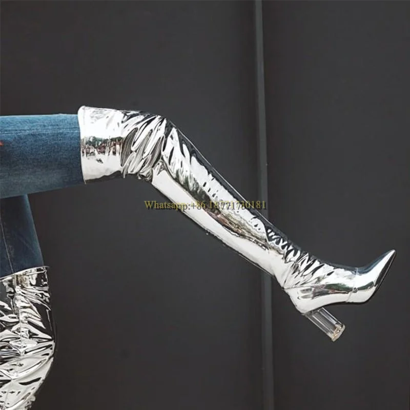 

Women Pointed Toe Over the Knee Boots Spring Autumn Winter Thick Heel Boots High-top Knight Boots Riding Boots Silver Boots