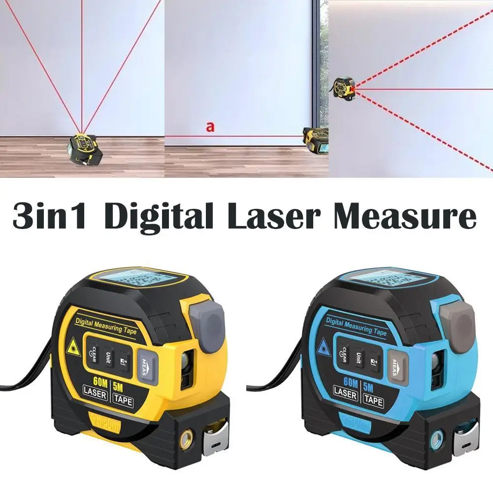 

3 In1 Digital Laser Measure 40m 60m Rangefinder Tape Measure Ruler With LCD Display Building Measurement Device Yellow Blue