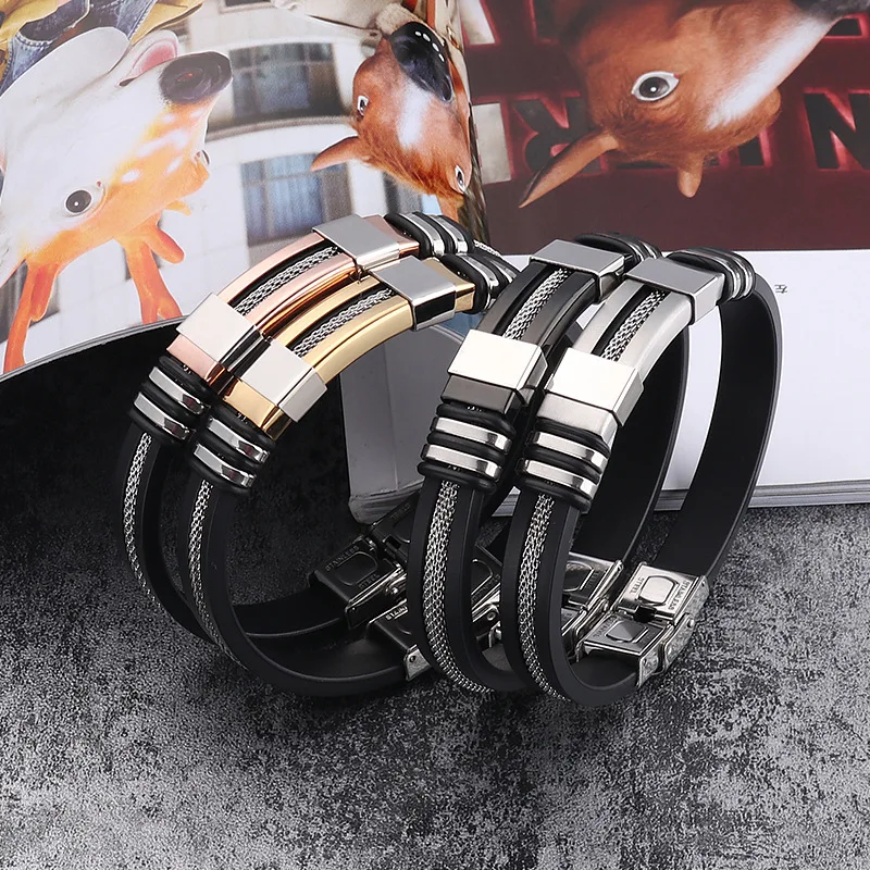

New Stainless Steel Bracelet Men WristBand Black Grooved Rubber Silicone Mesh Link Insert Punk Wristband Stylish Casual Bangle