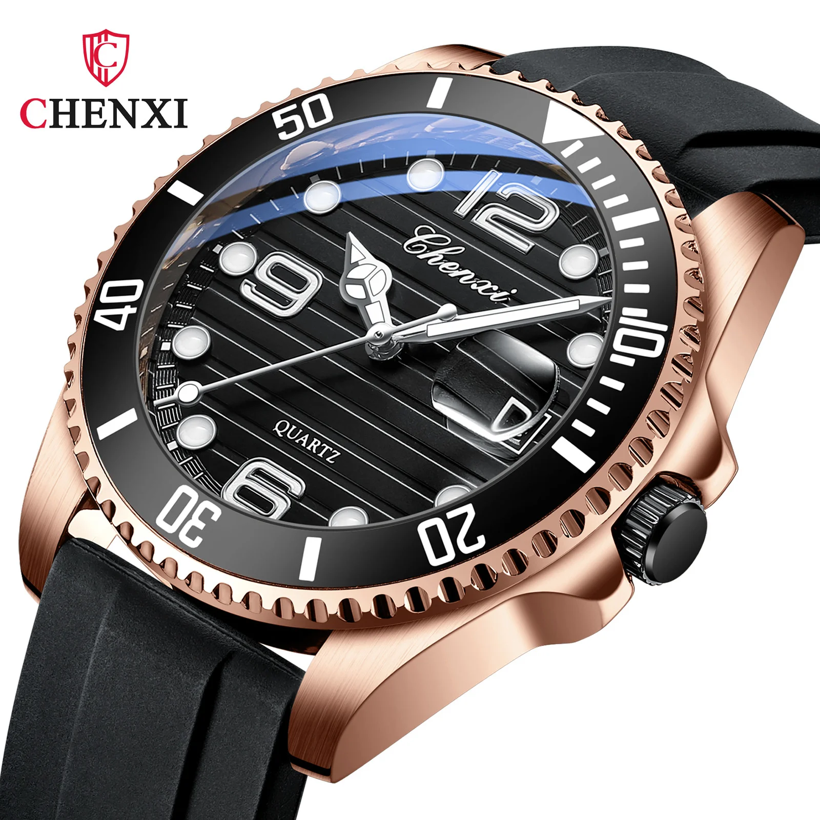 

CHENXI 8285 New Water Ghost Series Gear Calendar Waterproof Glow Silicone Rubber Tape Sports Quartz Watch Men Wristwatch