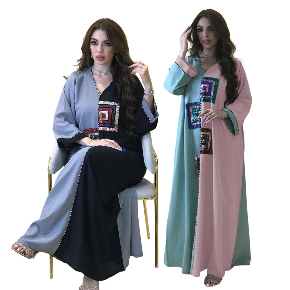 

Muslin Dress Arab Dubai Fashion Sequin V-neck Mosaic Women Clothing Robe Middle East V-neck Kaftan Abaya Turkey Dress Female