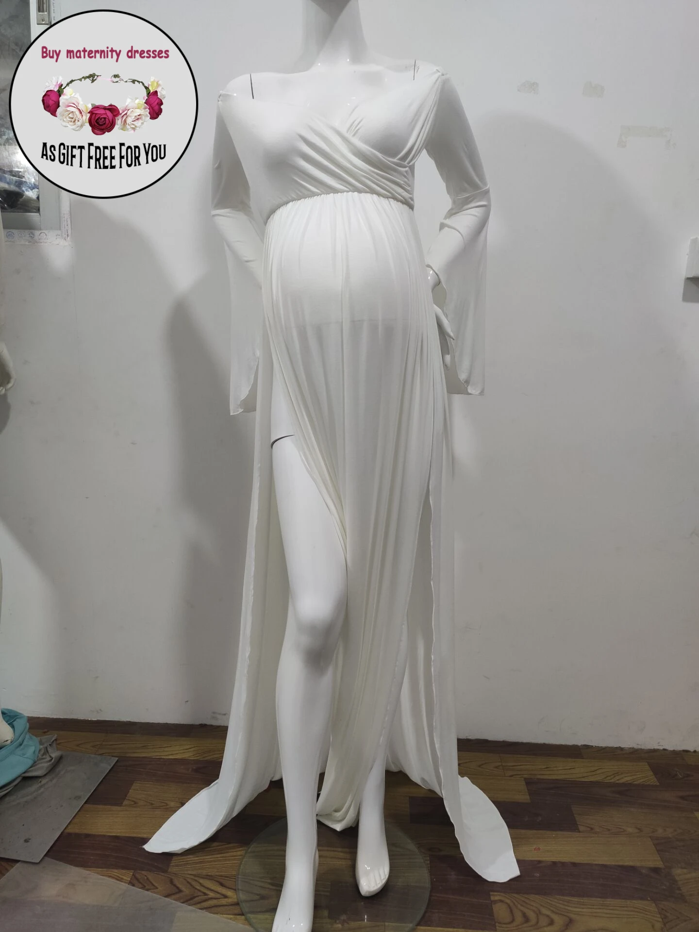 Women Deep V-neck Maternity Photography Dresses  split  flare sleeve  Pregnancy Dress Maxi Maternity Gown Photo Prop Clothes