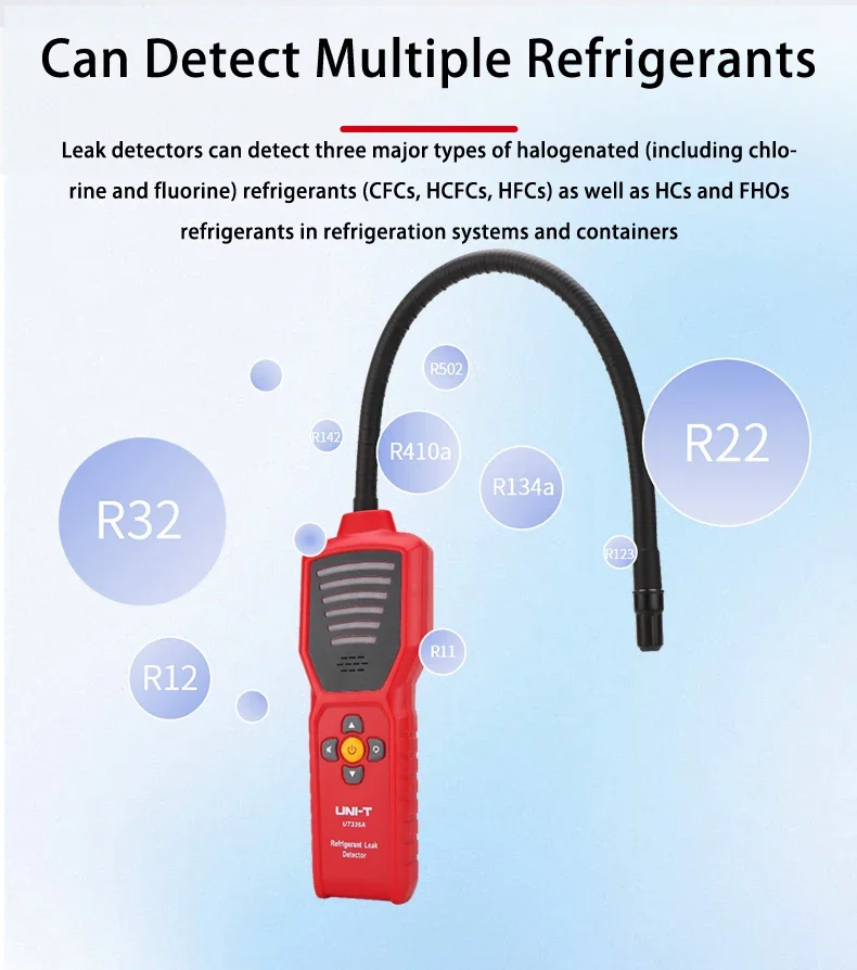 Фото Детектор утечек хладагента UNI-T UT336A для фреона, CFC, HCFC, галогенов, анализатор газов для систем кондиционирования и охлаждения воздуха (HVAC) №4